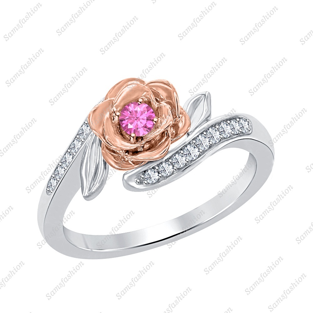 Disney Belles 14k Two Tone Gold Over Pink Sapphire & Diamond Flower Fashion Ring