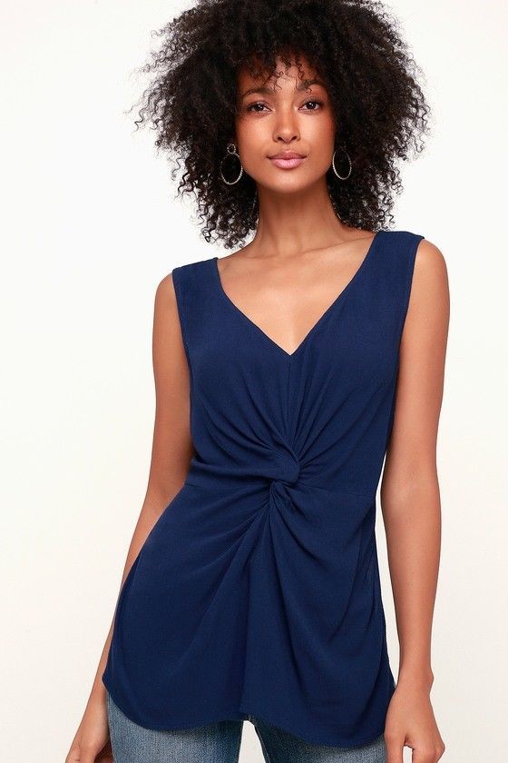 Primary image for Be Cool! Navy Blue Knotted Front Tank Top twin side-slit  - XS Amazing Fit!