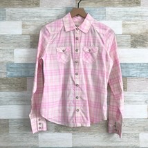 American Eagle Western Pearl Snap Button Shirt Pink Ivory Plaid Utility ... - $22.76