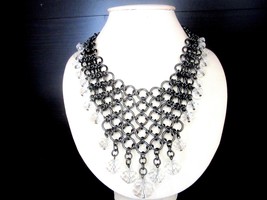 Black Chainmaille Bib Necklace & Faceted Clear Crystal Glass Beads 17 -20 Inches - $46.00