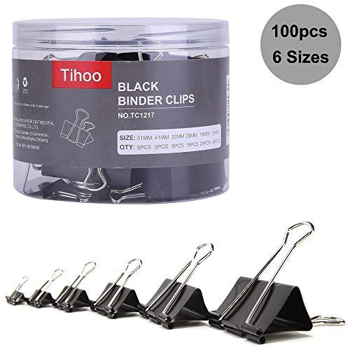 Tihoo 100pcs Binder Clips, Black Assorted 6 Size Office Paper Clips