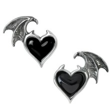 Alchemy Gothic Blacksoul Demon Wing Black Heart Stud Earrings Posts Pair... - $21.95