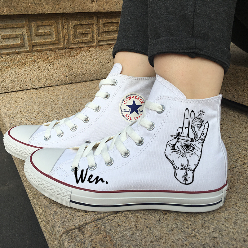 All Star Converse White Shoes Original Design Smoke Hand Eyes Chuck Sneakers