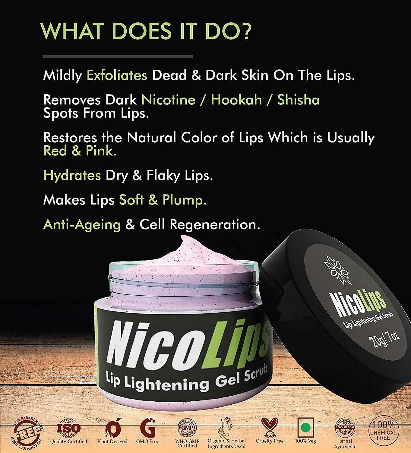 NicoLips Lip Scrub Gel Cream Balm for Lightening & Brightening Dark