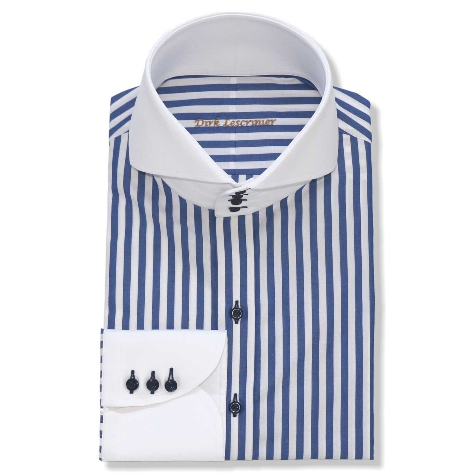 Mens High collar shirts Navy Blue stripes Bankers White Italian collar