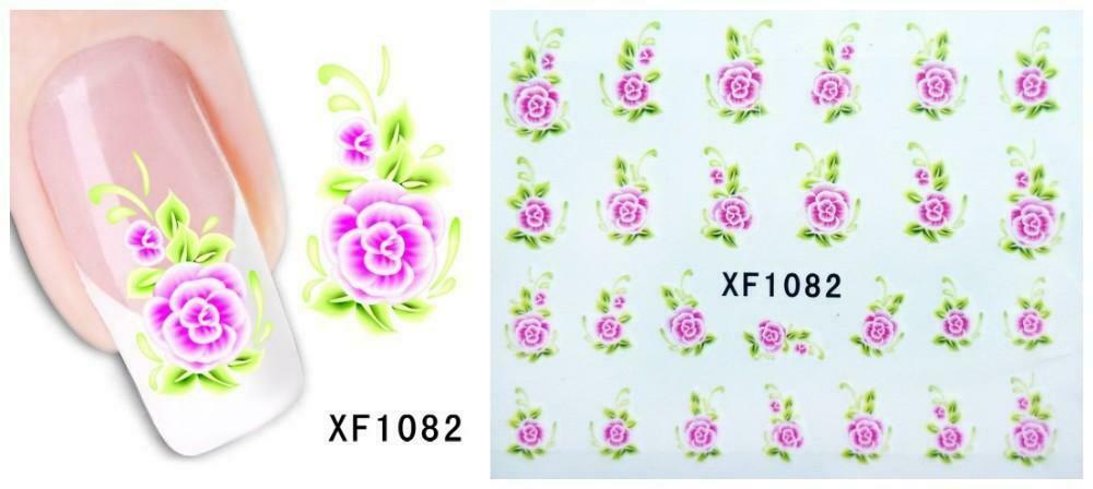 Nail Art Water Transfer Sticker Decal Stickers Pretty Flowers Green Pink XF1082