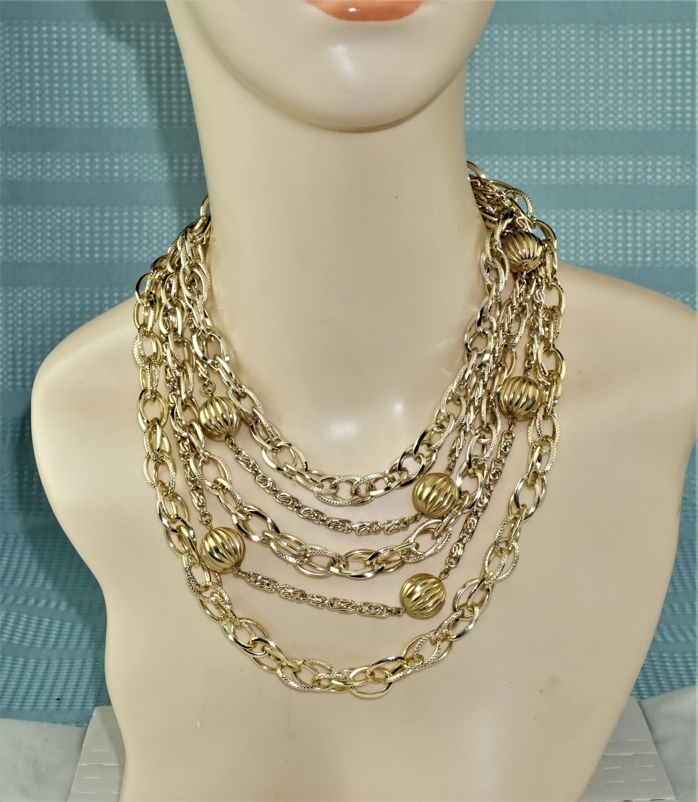 Vintage Signed Coro Multi-Strand Chains Necklace Gold Tone Beads ...