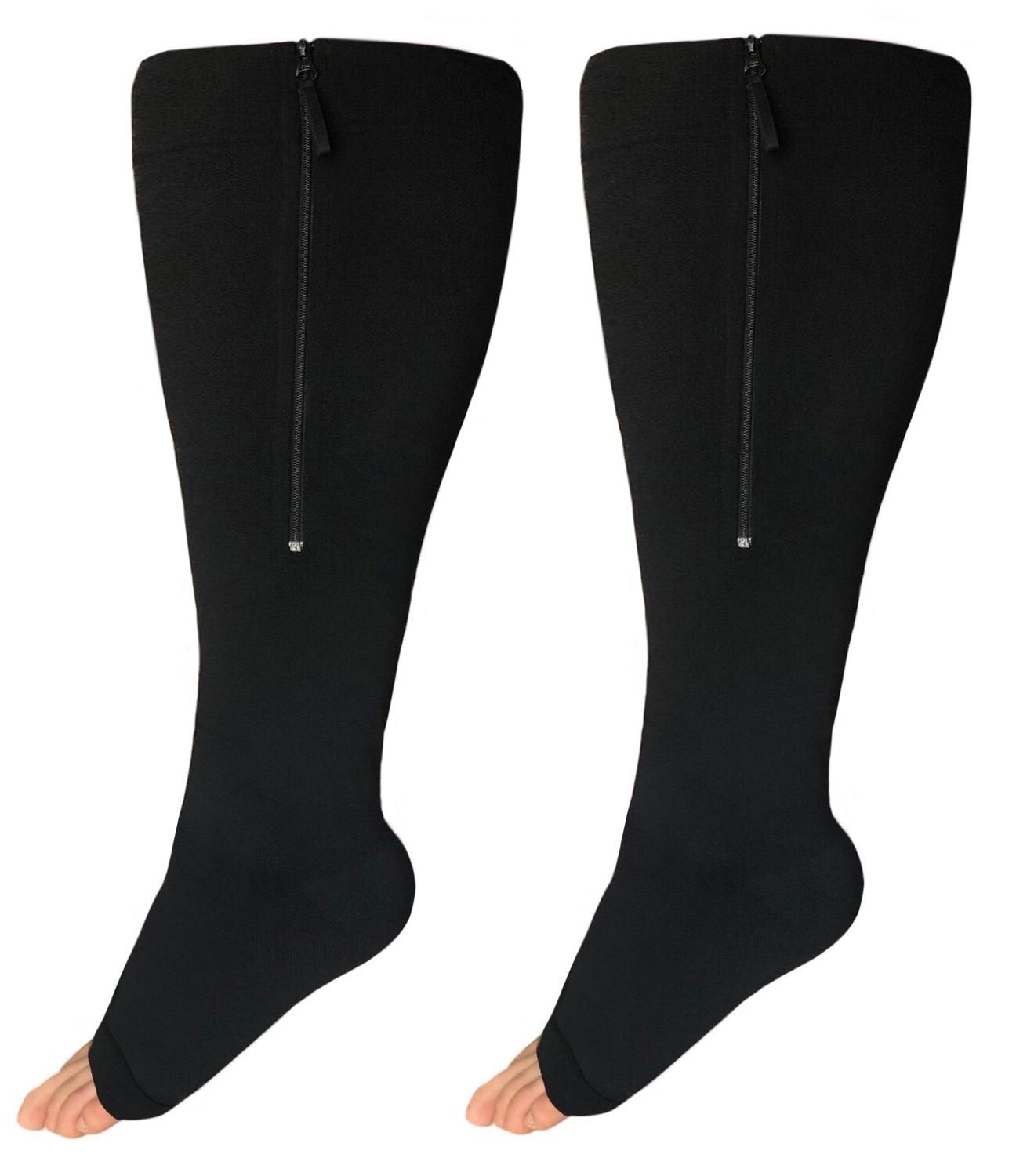 Runee Wide Calf Zipper Compression Socks, Open Toe Knee High 2030mmHg