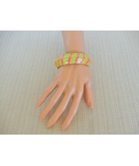 Fun vintage totally 80&#39;s lime green &amp; neon pink striped wooden bangle br... - $12.00