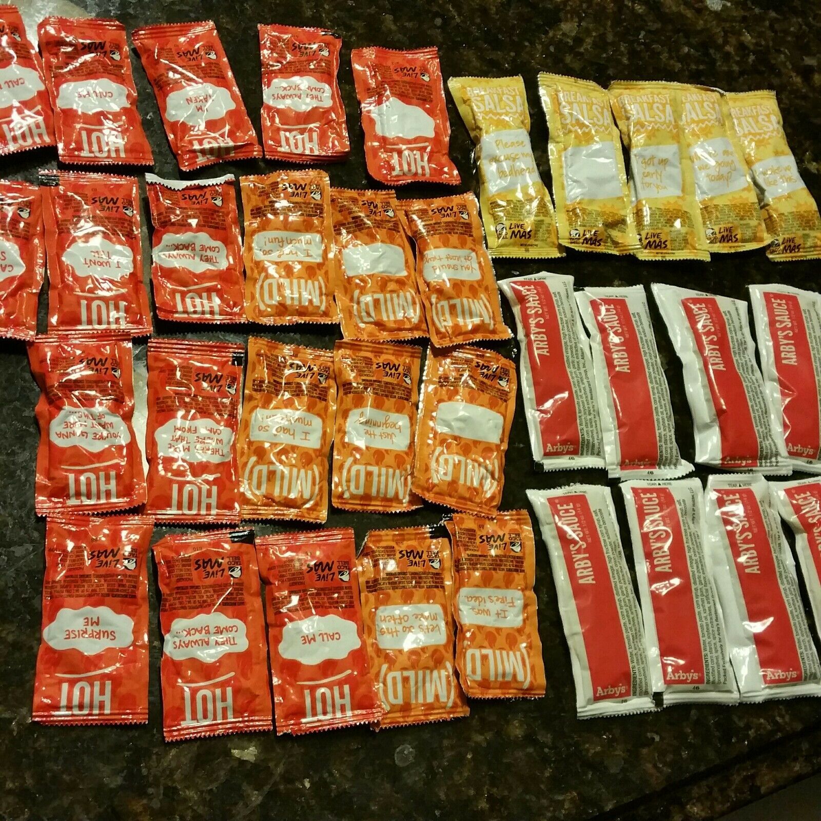 NEW Taco Bell Sauce Mild Hot Arbys Breakfast Salsa Packets Assortment