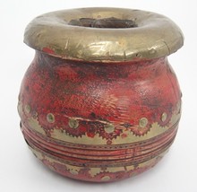 Burgundy Wood Pot Urn w Brass Embellishment 4&quot; x 5&quot; Distressed Decorator... - $18.80