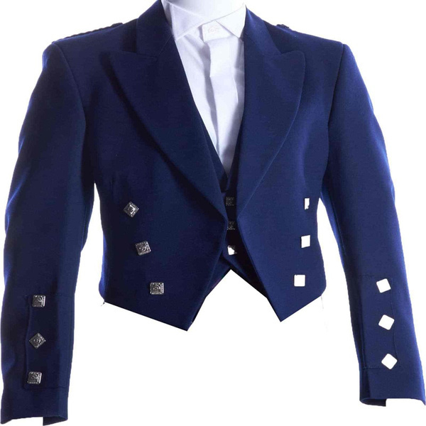 Scottish Highland Blue Prince Charlie Kilt Jacket with 3 Button Vest