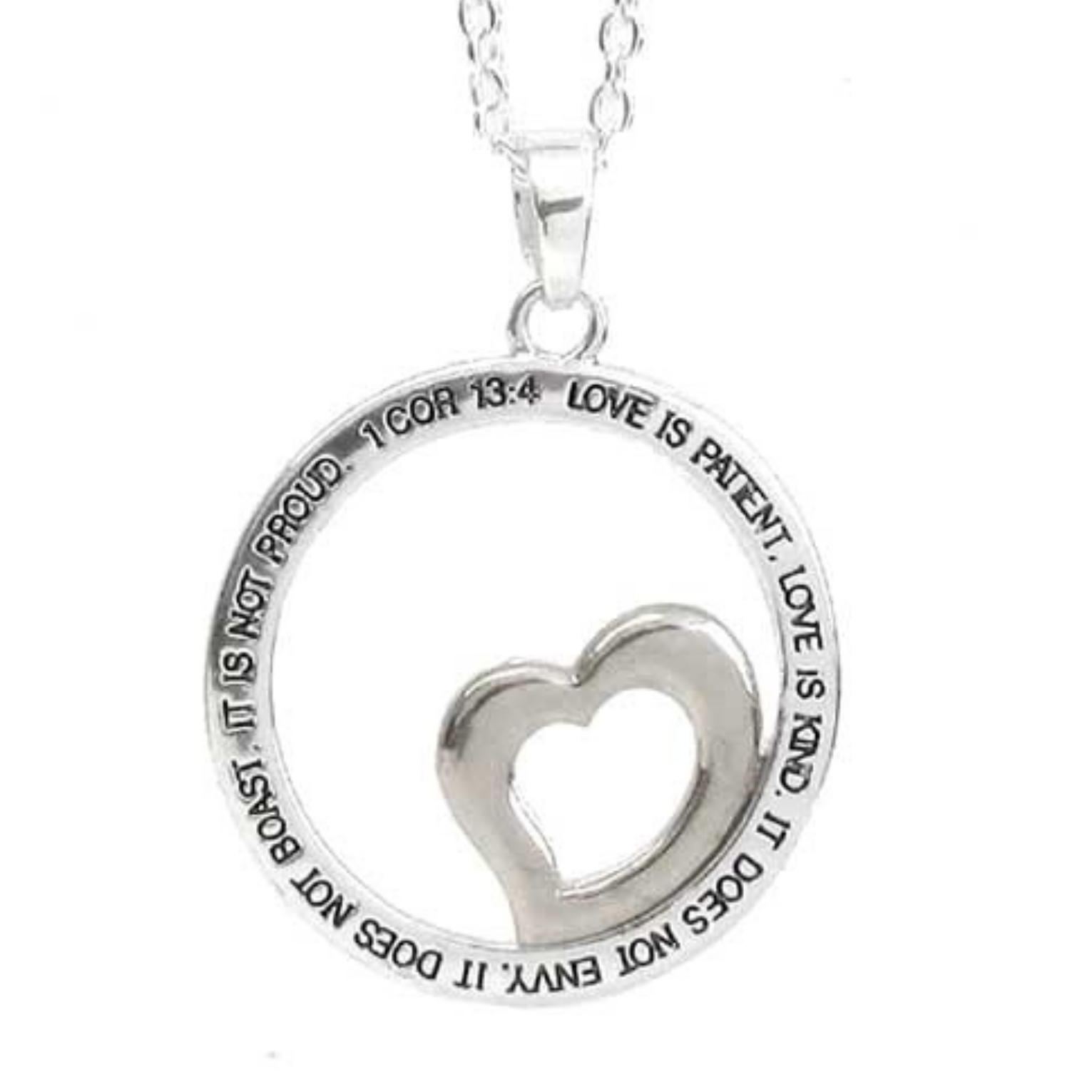Heart Scripture 1 Cor 13:4 Round Pendant Necklace Silver NEW