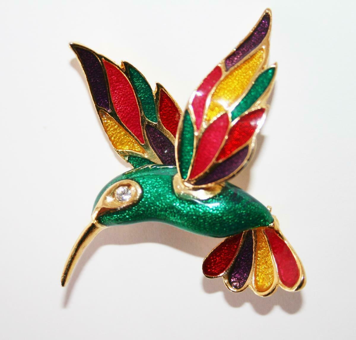 Primary image for Colorful Red Pink Green Yellow Enamel Hummingbird Brooch  J236GS
