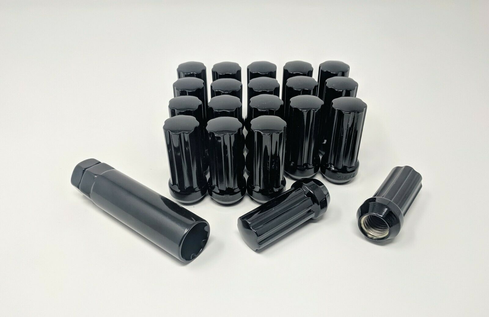 Set of 20 Black Spline Lug Nuts with Key M14x2.0 Thread 2" TALL Wheel