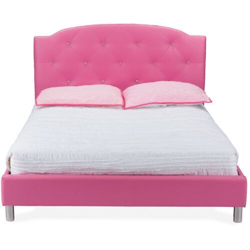 Full Queen Size Pink Upholstered Platform Bed Frame Faux Leather Fabric