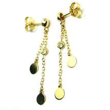 18K YELLOW GOLD PENDANT EARRINGS, DOUBLE WIRES WITH DISCS & ZIRCONIA 1.5 INCHES image 2