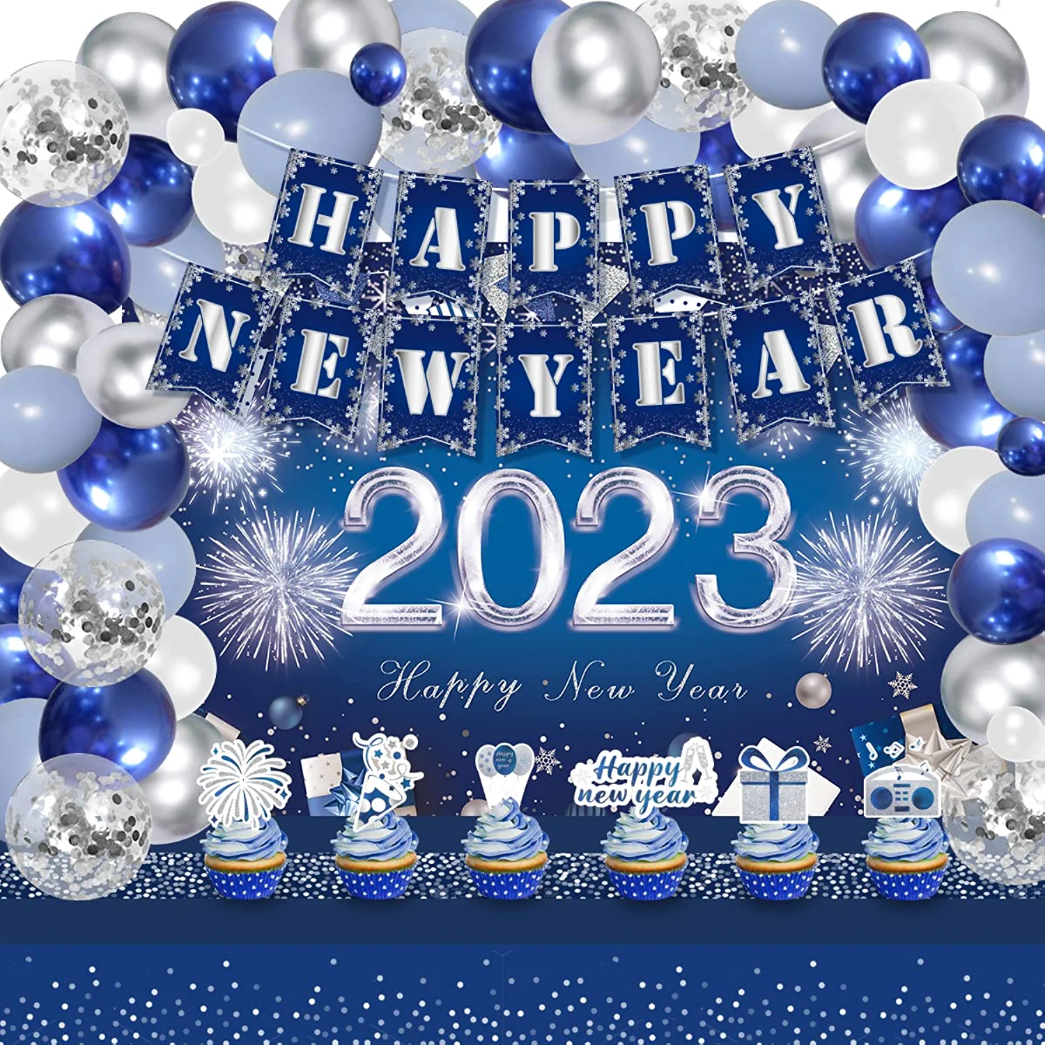 Silver Blue New Year Party Supplies Balloons Garland Kit, 2023 New Year ... - $47.04