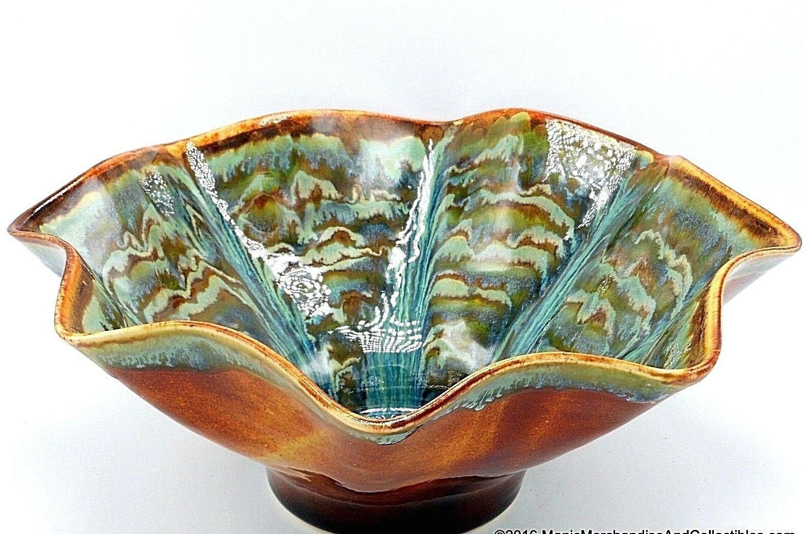 Studio Art Pottery Bowl Centerpiece Fluted Drip Glaze Brown Green ...