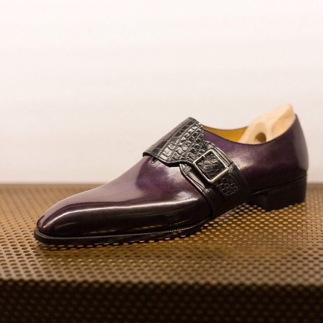Bespoke Men's Purple Tan Leather Buckle Monk Strap Formal Dress Leather Shoes