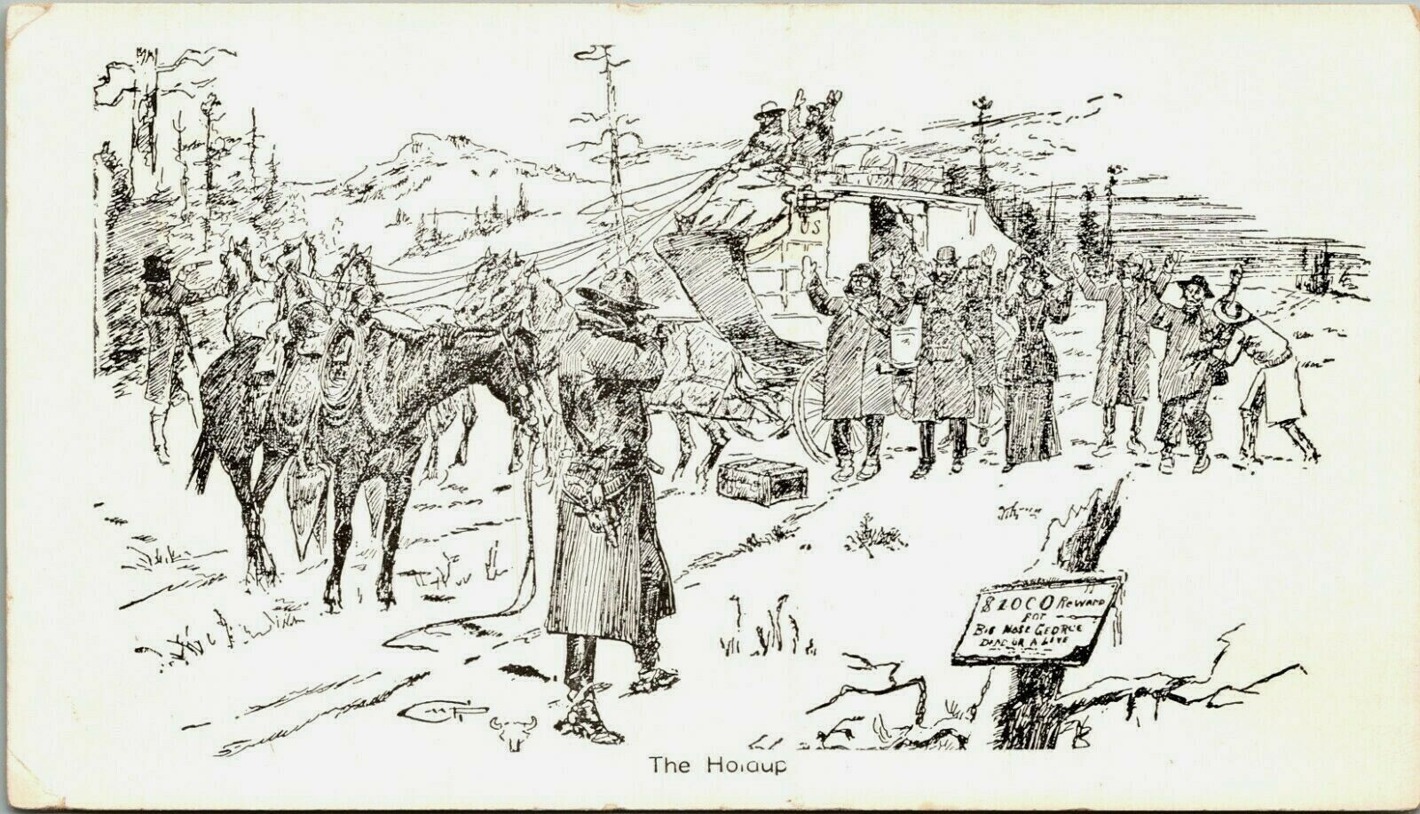 The Holdup Charles M Russell Postcard black white Etching Stagecoach ...