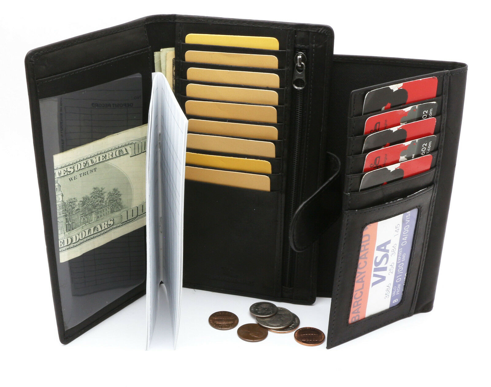 Bifold Black Leather Checkbook Holder Snap Button Wallet with Detachable Flap Men's Accessories