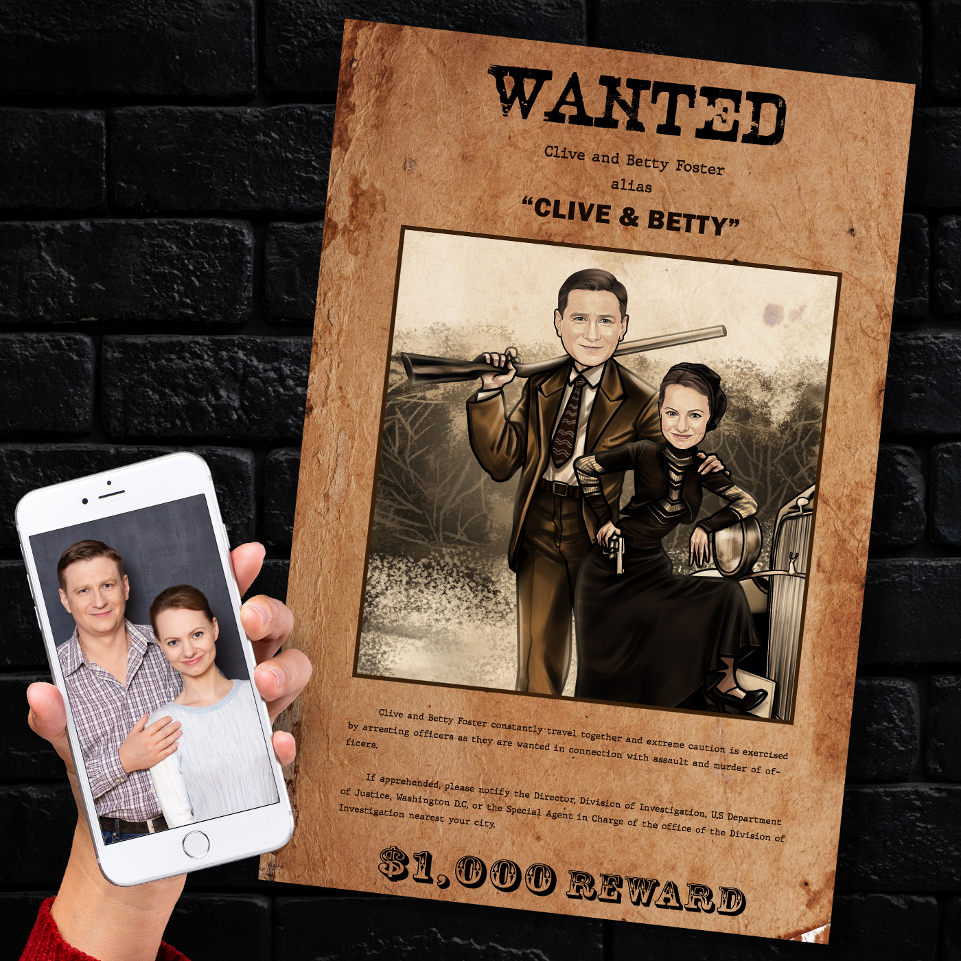 Wanted Bonnie and Clyde Custom Couple Caricature, Personalized Gangster Portrait