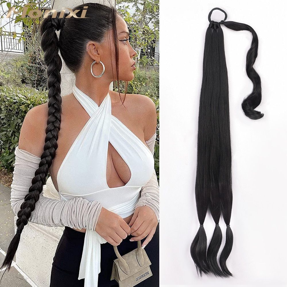 Synthetic Braided Ponytail Extensions Long Black Hairpiece Pony Tail