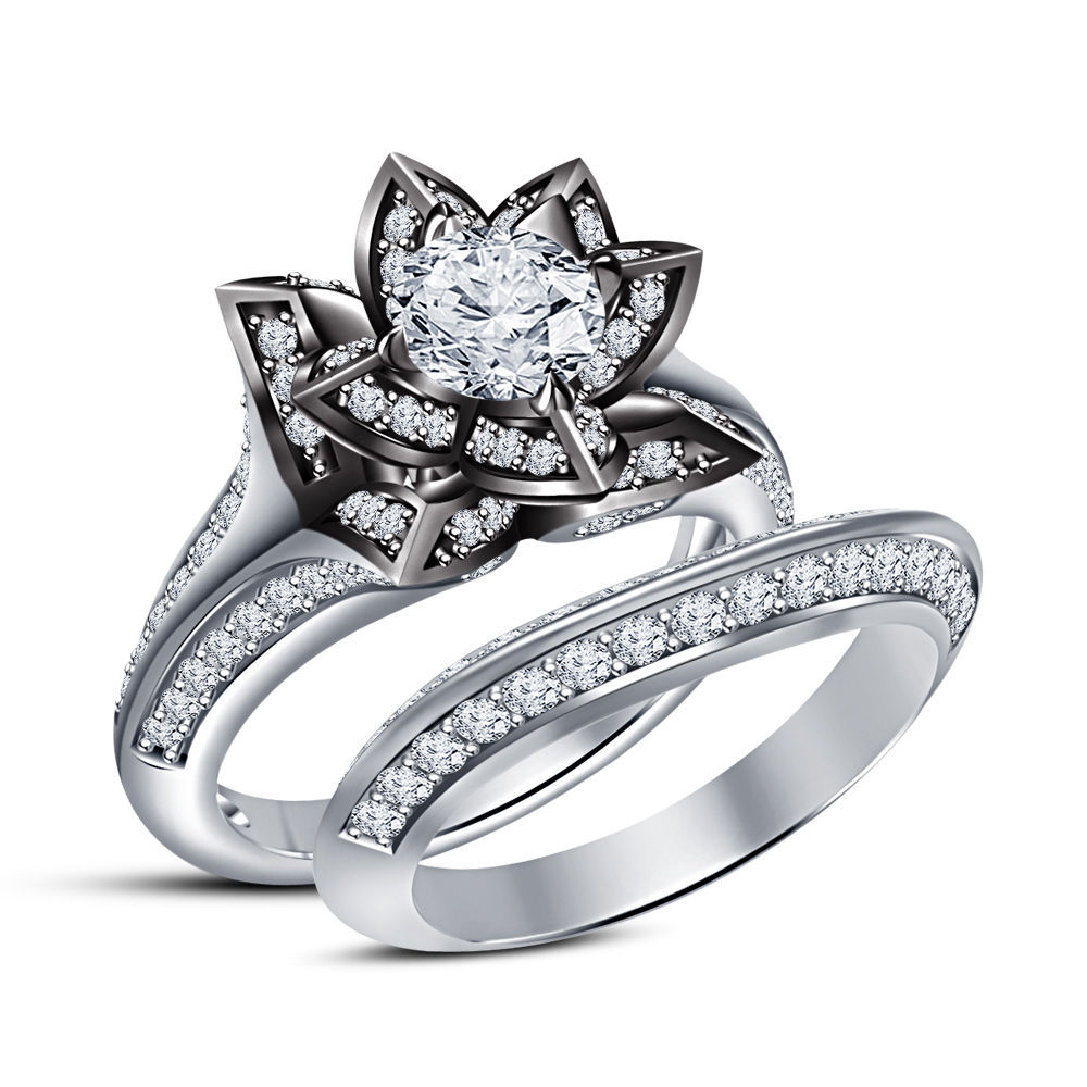 Flower Style Bridal Wedding Ring Set Diamond White Gold