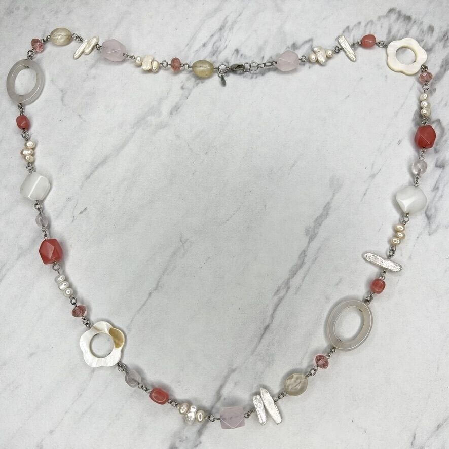 Premier Designs Silver Tone Faux Pearl and Mother of Pearl Shell Beaded Necklace - $15.47