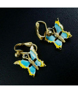 vintage enamel butterfly earrings blue yellow clip earrings - $9.89