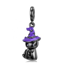 Wow Charms 925 Sterling Silver Animal Charm Black Hat Cat Halloween Gift Pendant - $17.99