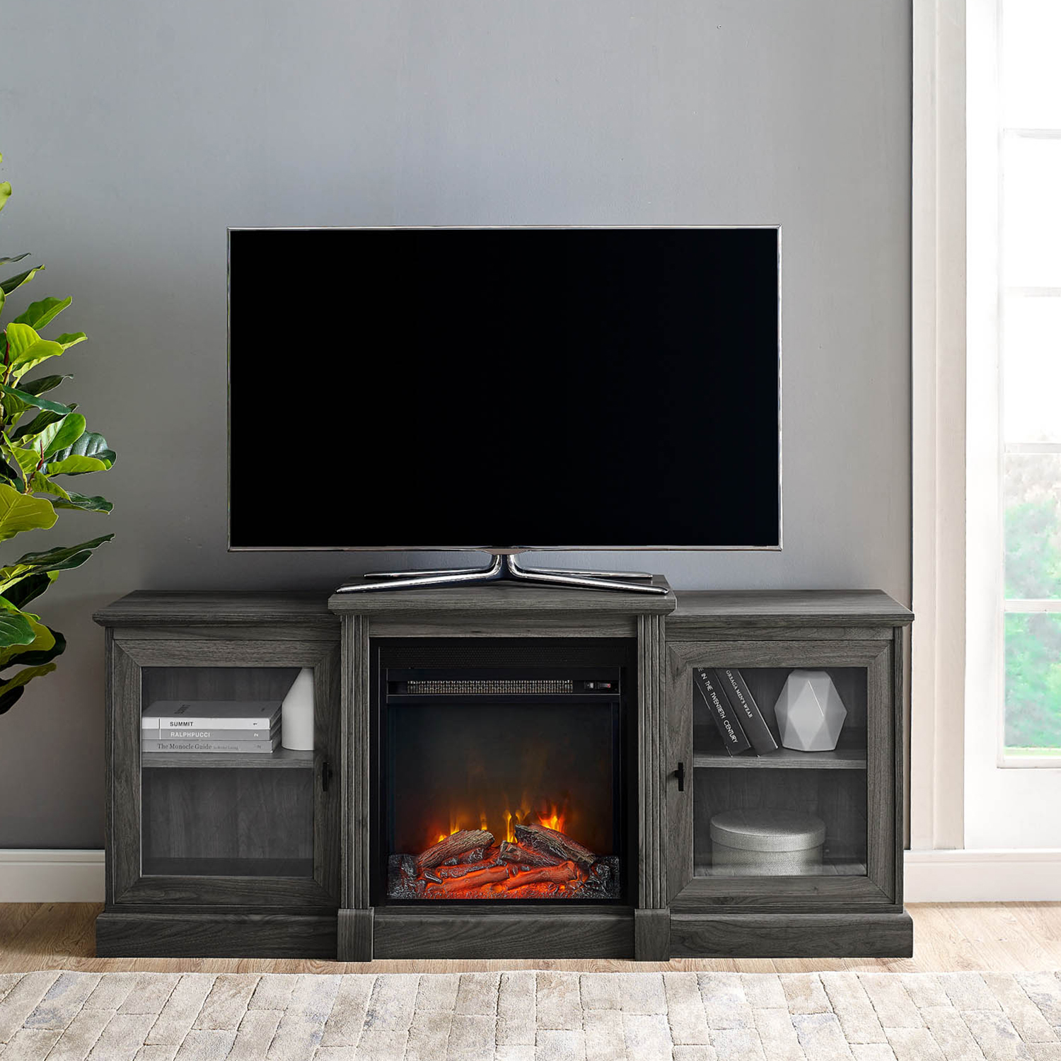 60" Classic Tiered Top Fireplace TV Console with Adjustable Shelves - Slate Grey - Entertainment ...