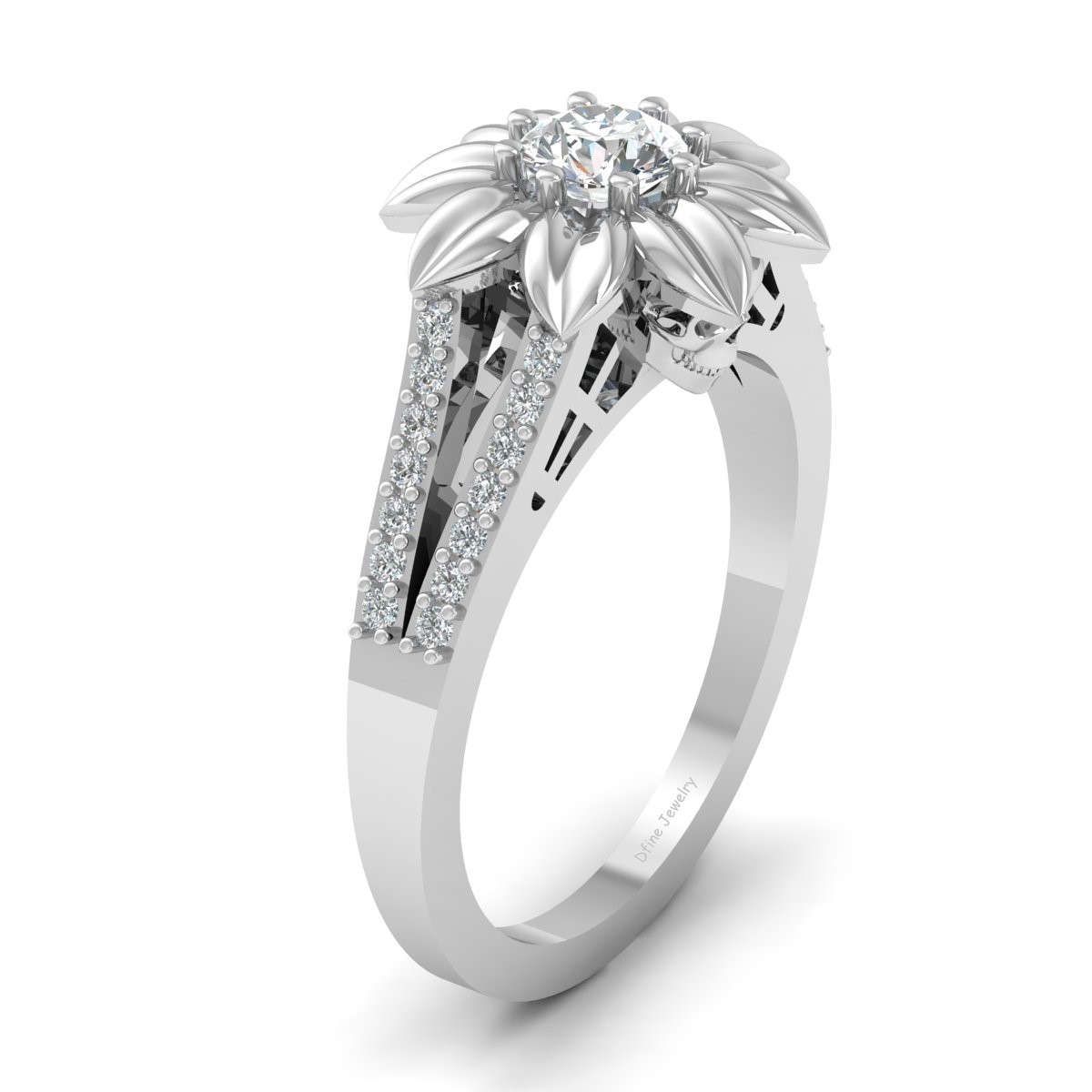 Classic Diamond Flower Skull Engagement Ring In Solid Silver Skull Ring Womens