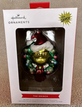 Hallmark Grinch Wreath Santa Hat Blown Glass Christmas Ornament New Dr. Seuss - $19.99