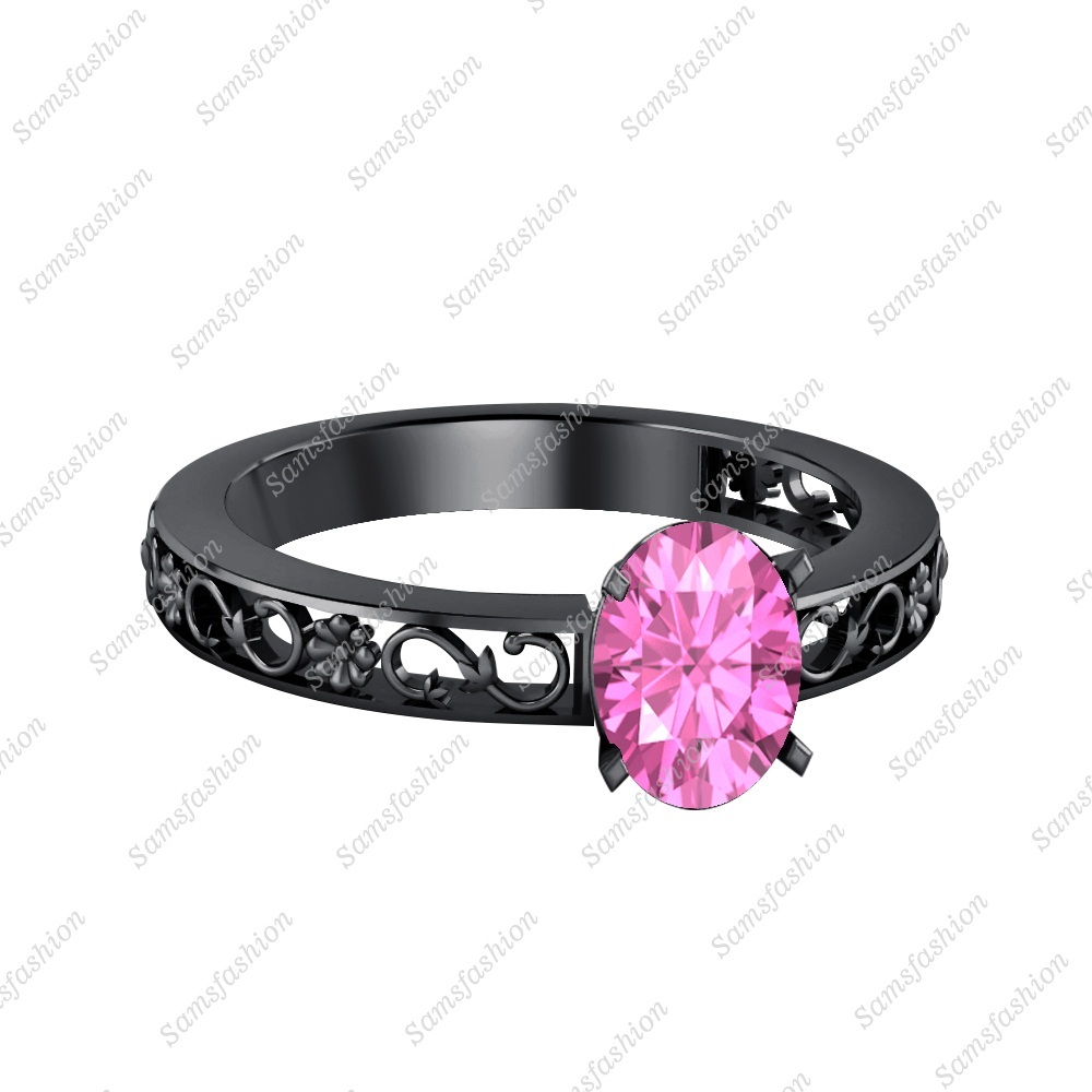 Women's Solitaire Oval Shaped Pink Sapphire 14k Black Gold Over Wedding Ring