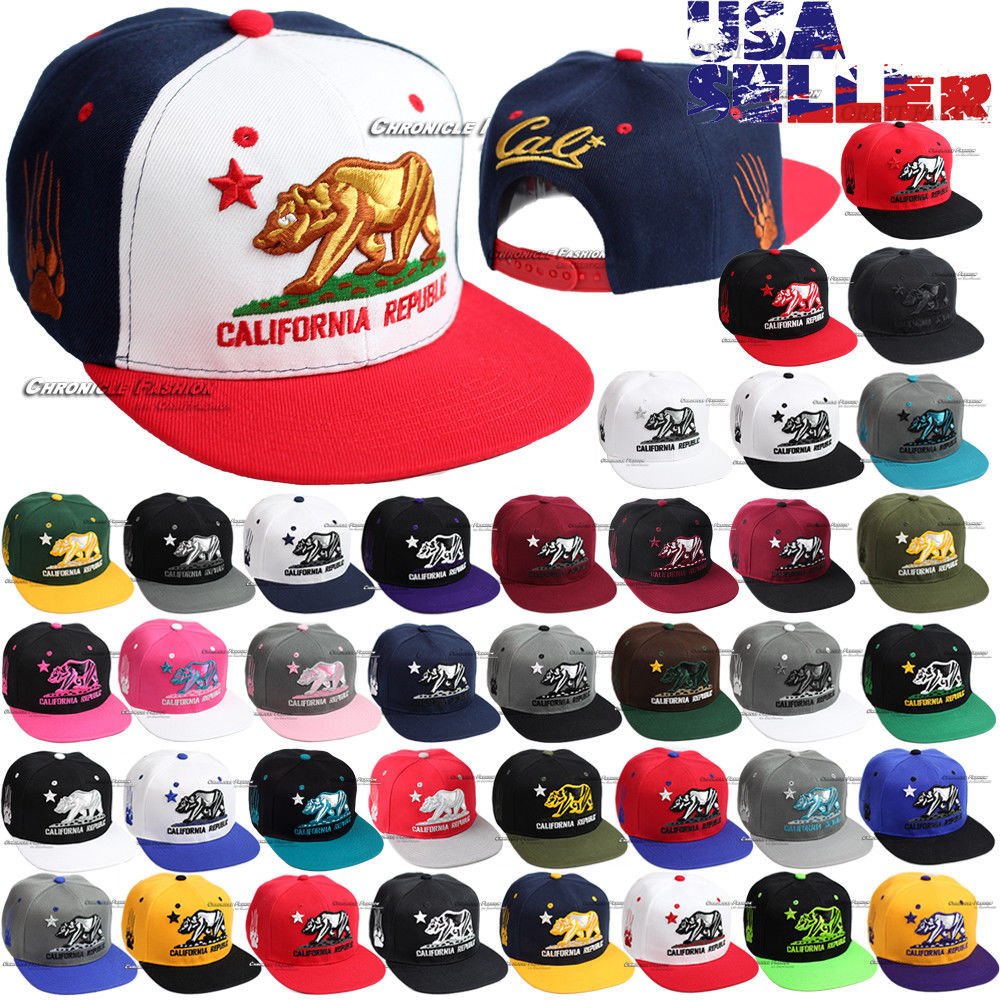 Baseball Cap California Republic CALI Bear Hat Snapback Adjustable Flat Brim Men