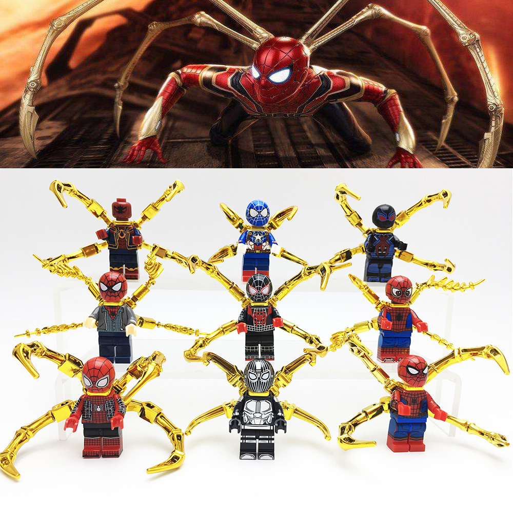 9Pcs Spider-man Electroplate Mechanical Arm Marvel SuperHeroes MiniFigures Toys