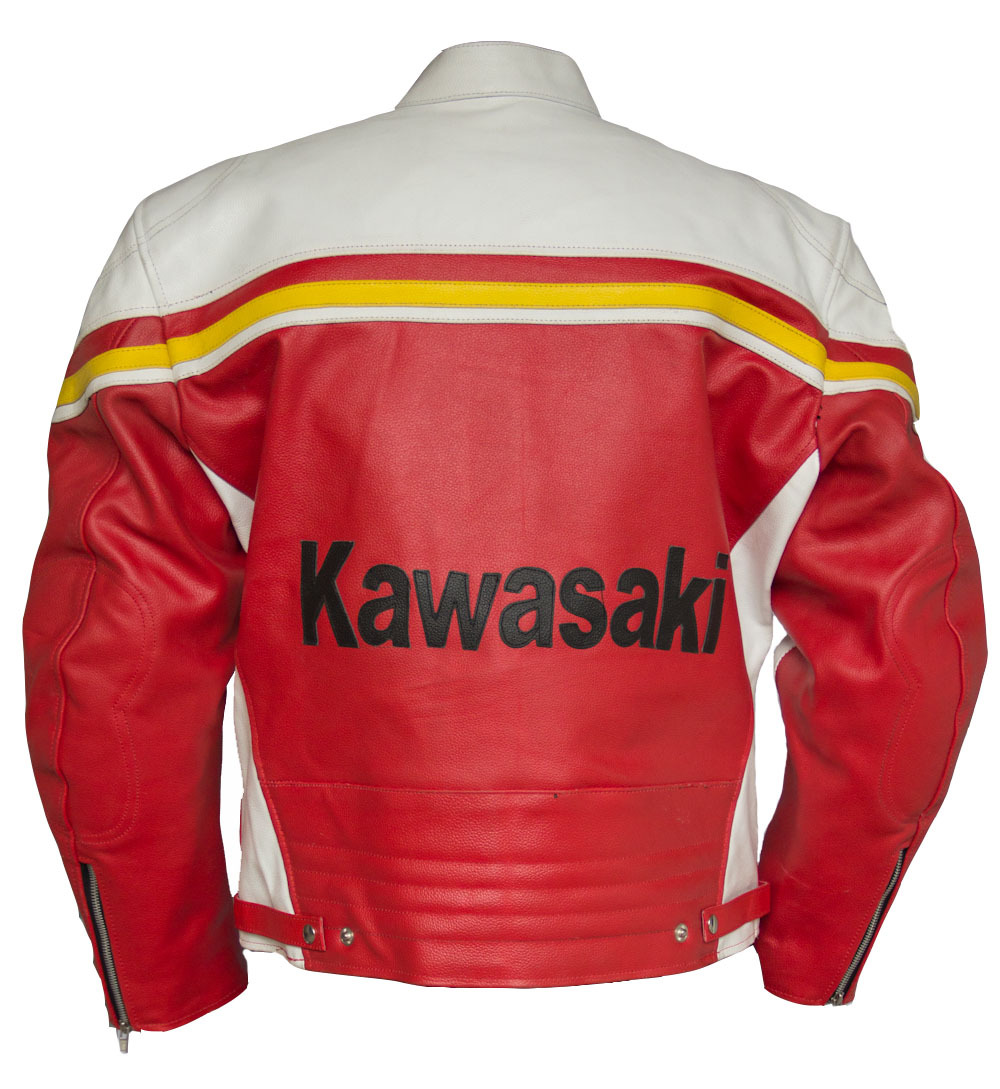 MEN RACING MOTORCYCLE JACKET KAWASAKI LEATHER RED WHITE COLOR SAFETY