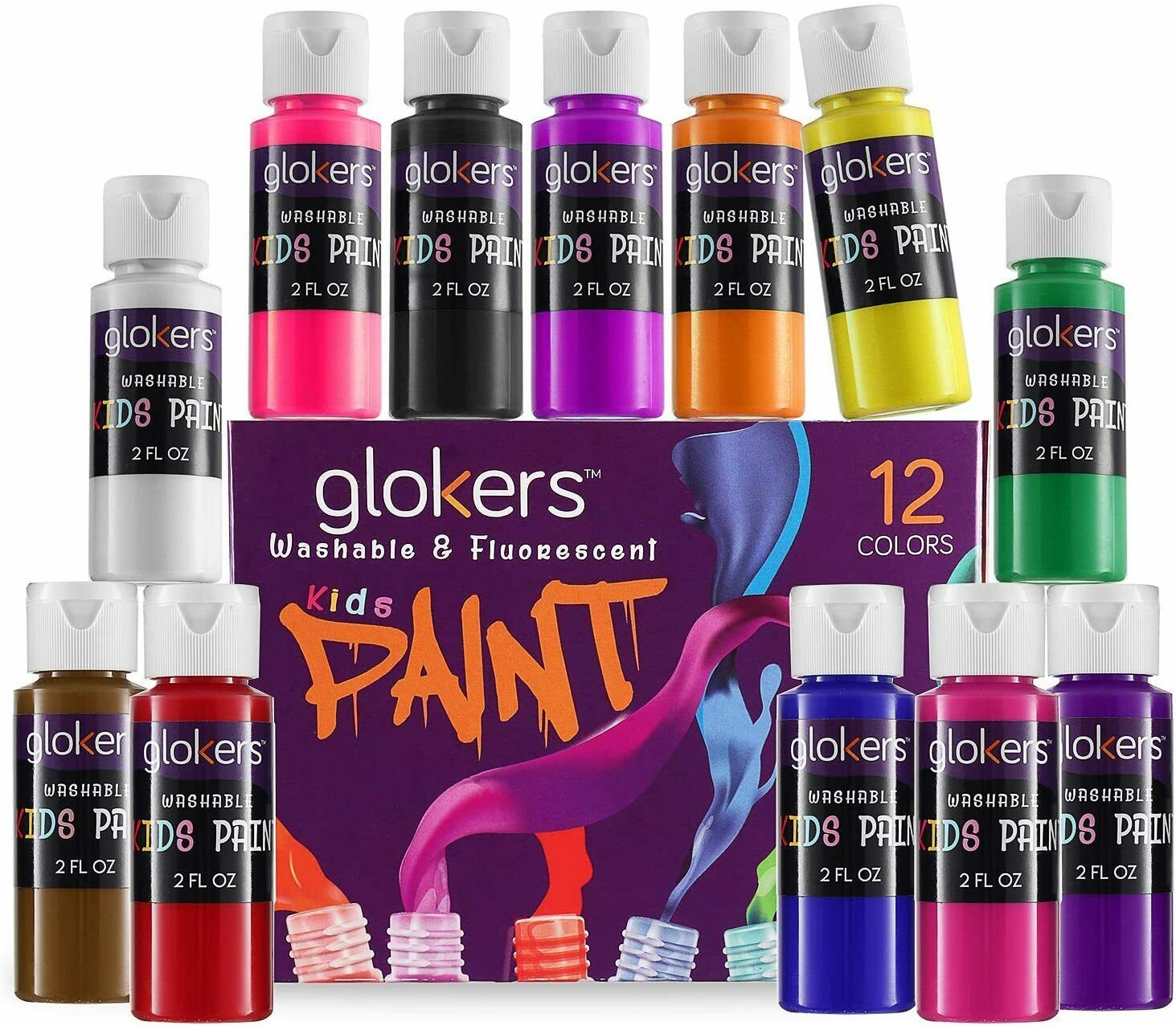 glokers 12 Colors Washable Paint Set for Kids Regular and Fluorescent Colors