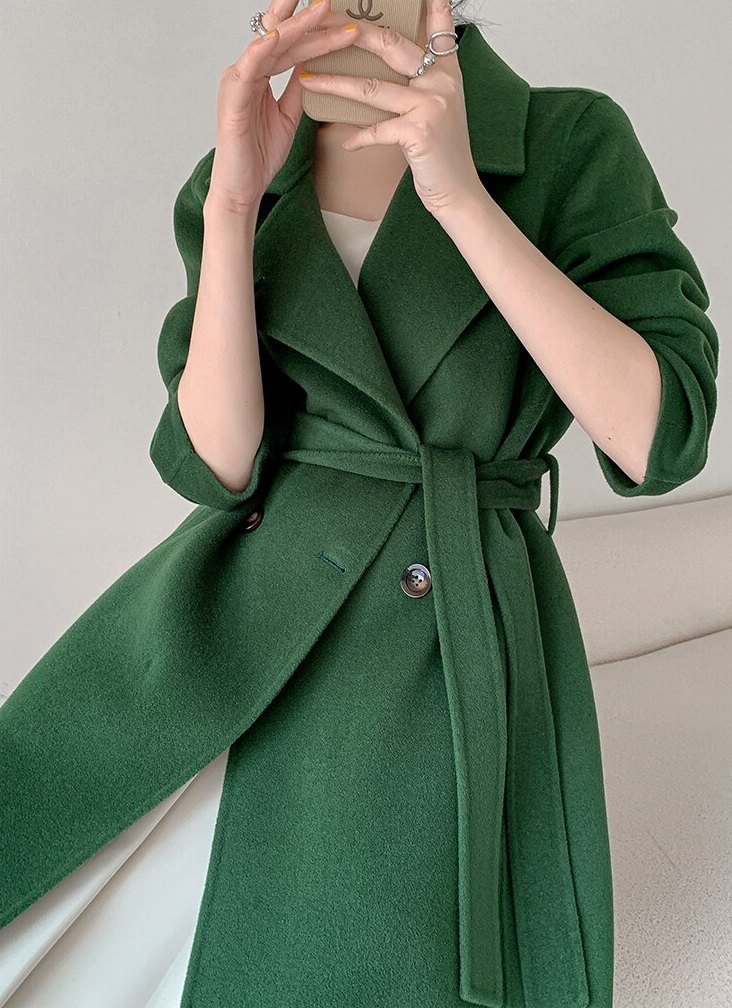 New green wool double breasted midi length woolen women winter coat with belt