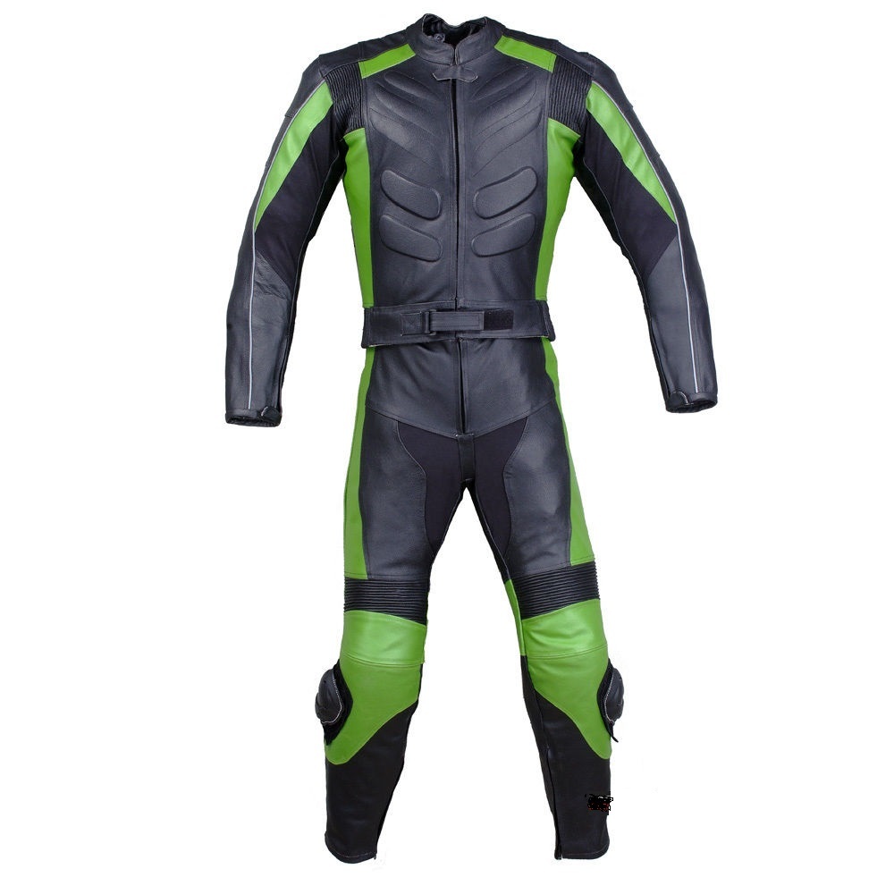 NEW MEN,S GREEN BLACK MOTORCYCLE LEATHER SUIT Jacket Pant SAFETY PADS ...