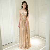 Sleeveless GOLD Sequin Dresses V Neck High Waist Sequin Maxi Dress Evening Gown  image 5