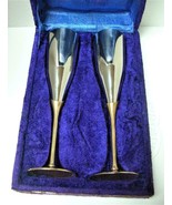 Set of 2 Vint. Brass &amp; Silver Stemmed Tulip CHAMPAGNE FLUTES In Velvet B... - $58.19
