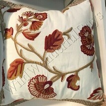 Pottery Barn Anese Pillow Cover Warm Red 20 sq Floral Embroidered Crewel - $59.50
