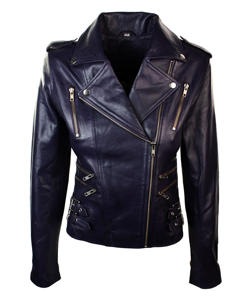 New Women Navy Biker Slim Fit Retro Fashion Leather Jacket Coats