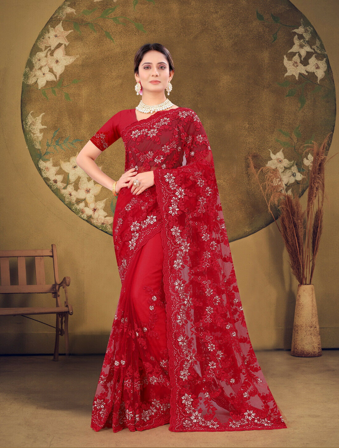 Designer Red Resham Coding Embroidery Zarkan Moti Work Net Wedding Wear Saree