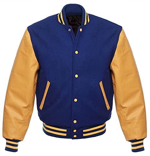 Men Blue Yellow College Varsity Baseball High School Letterman Bomber Jacket