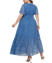 Women's Plus Size Swiss Dot Belted Ruffle Hem Blue Short Sleeve Dress 2XL image 2