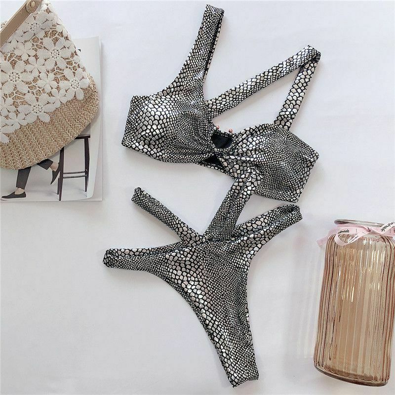 Sexy Sparkly Bikini Set One Shoulder Swimsuit Female Gold Snake Women Hollow Out